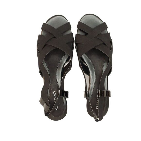 Ellen Tracy Slingback Wedge Sandal 8 Black Strappy Criss Cross Open Toe - Picture 6 of 8